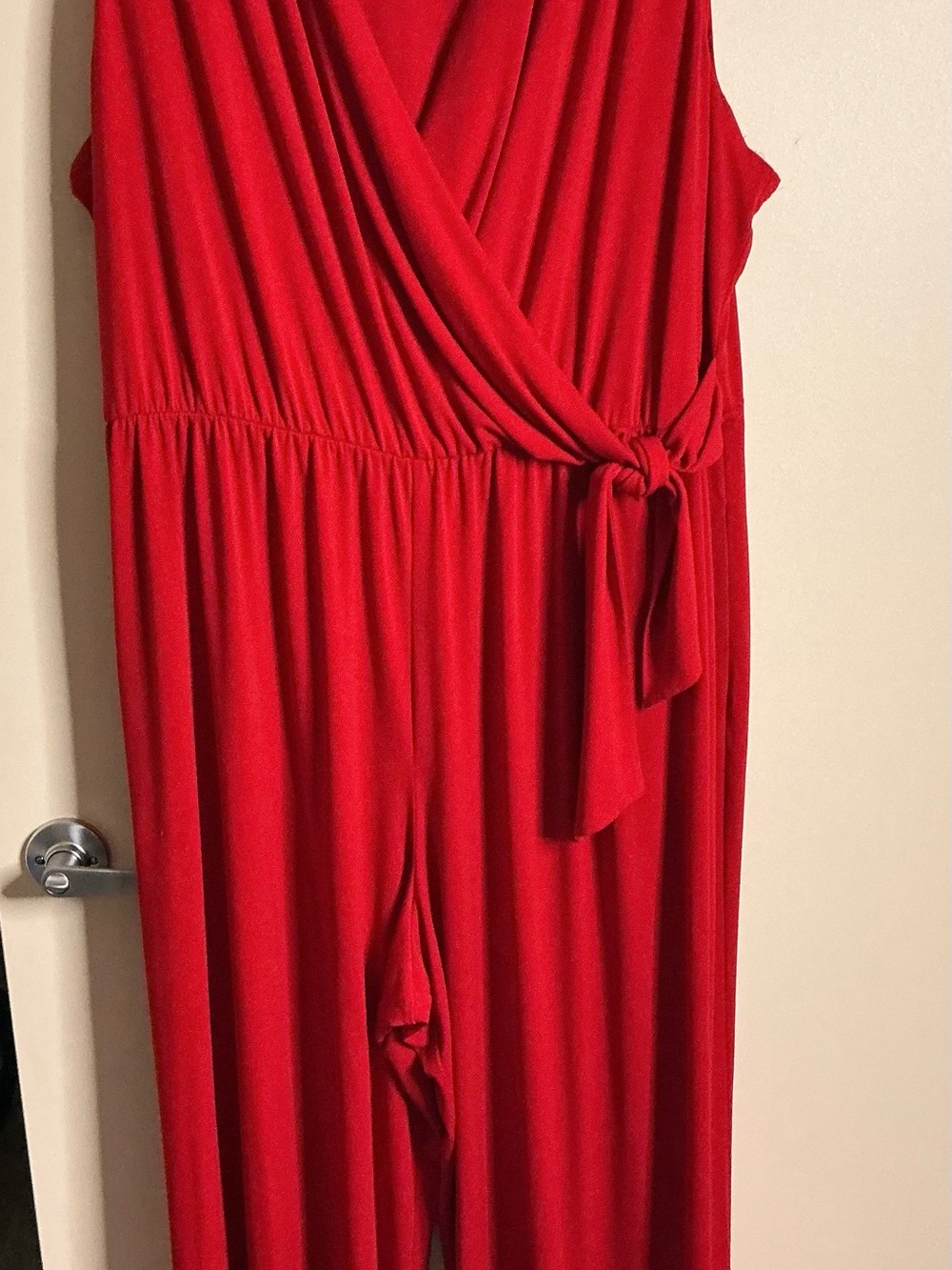 Red Wrap-Style Jumpsuit with Side Tie